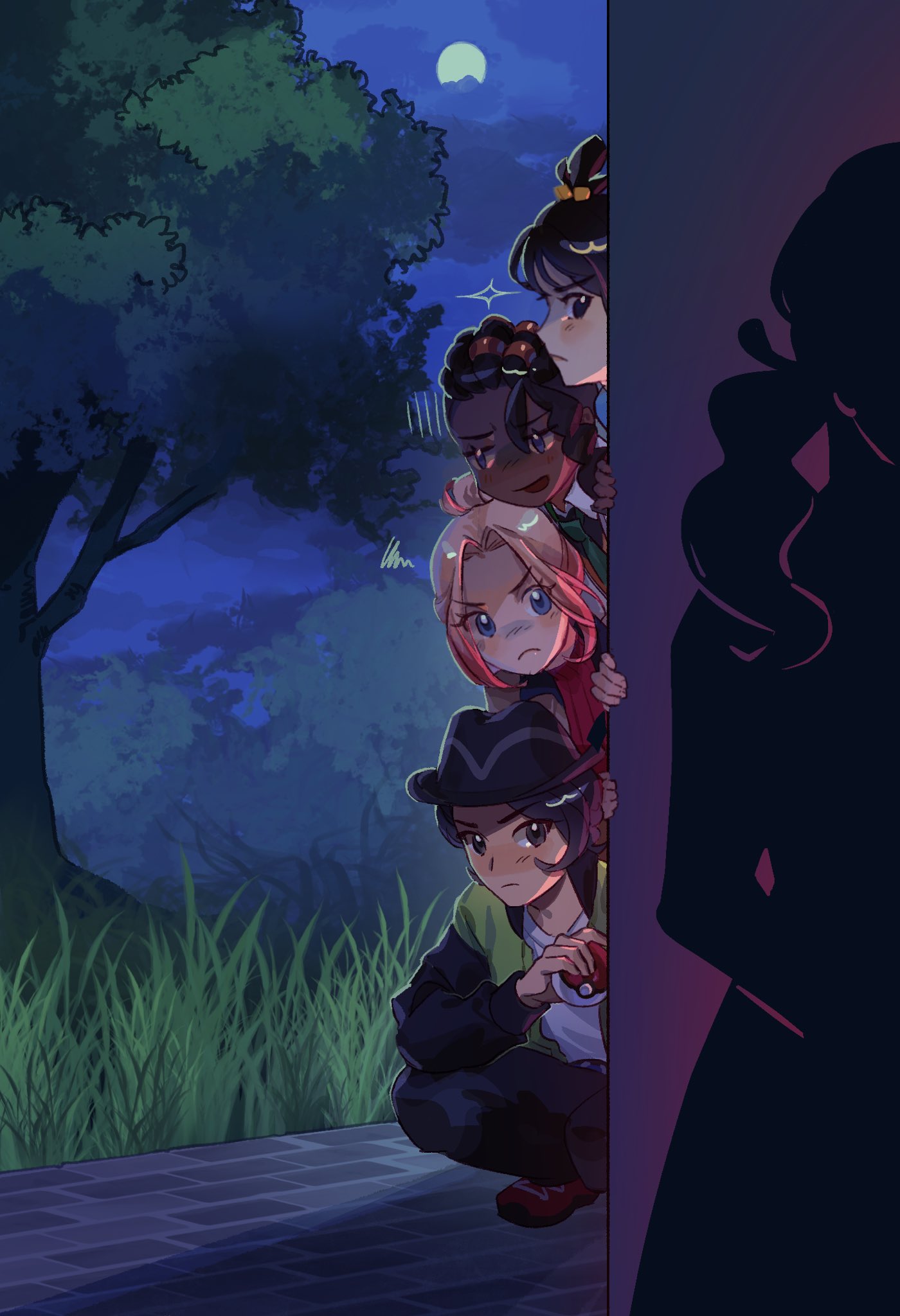 lida (pokemon), naveen (pokemon), paxton (pokemon), taunie (pokemon), nintendo, pokemon, pokemon legends: z-a, commentary, english commentary, highres, 2boys, 2girls, arevixie, black eyes, black hair, black hat, black pants, blue eyes, closed mouth, dark-skinned male, dark skin, grass, hair bun, hat, holding, holding poke ball, long hair, looking at another, moon, multiple boys, multiple girls, night, night sky, open mouth, outdoors, pants, pink hair, poke ball, poke ball (basic), profile, purple eyes, short hair, single hair bun, sky, tree