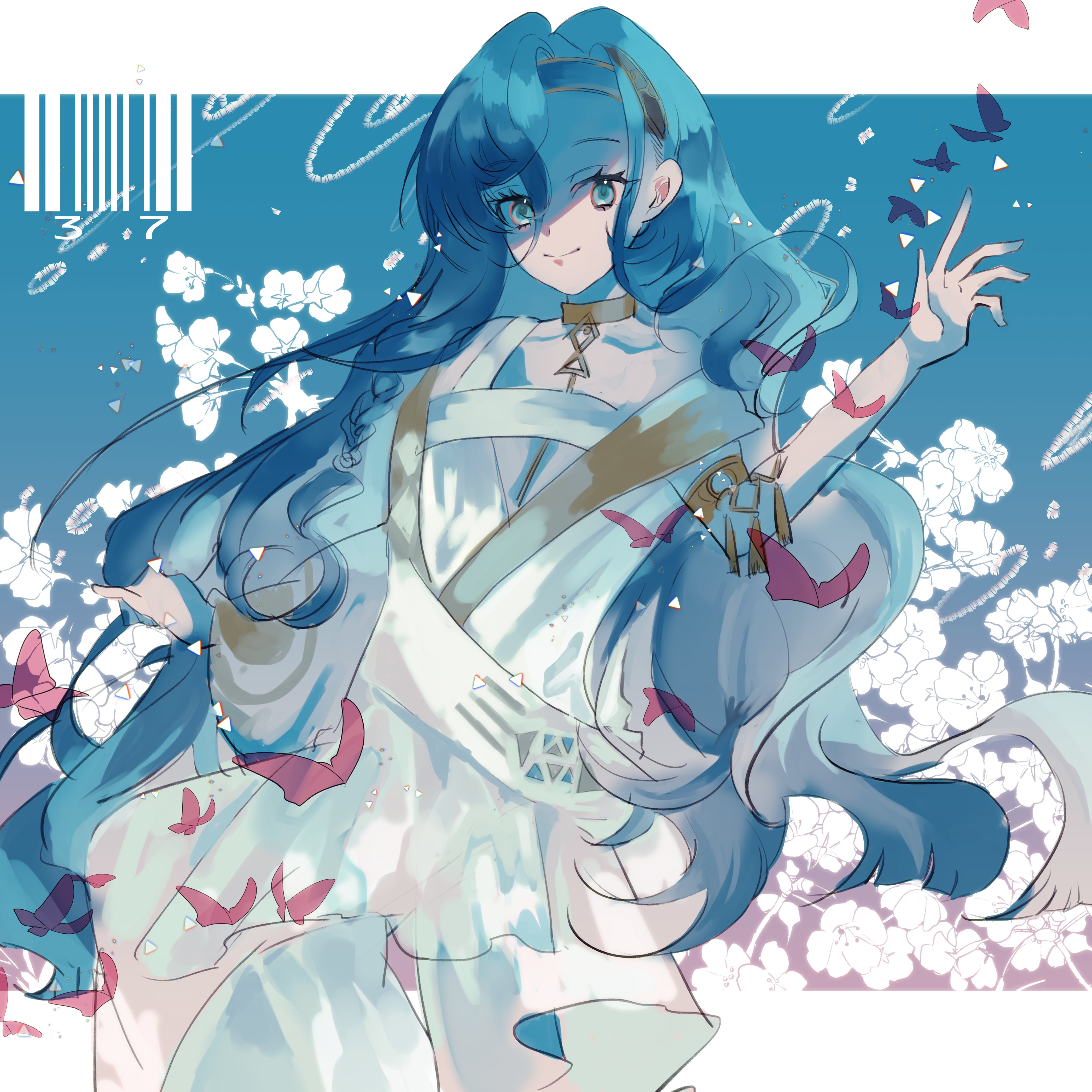yoake nemuri, 37 (reverse:1999), reverse:1999, absurdres, highres, 1girl, ancient greek clothes, bare shoulders, blue background, blue hair, bug, butterfly, closed mouth, flower, gold choker, greco-roman clothes, hair between eyes, hand up, insect, long hair, looking at viewer, pink butterfly, smile, solo, toga, upper body, very long hair, white flower