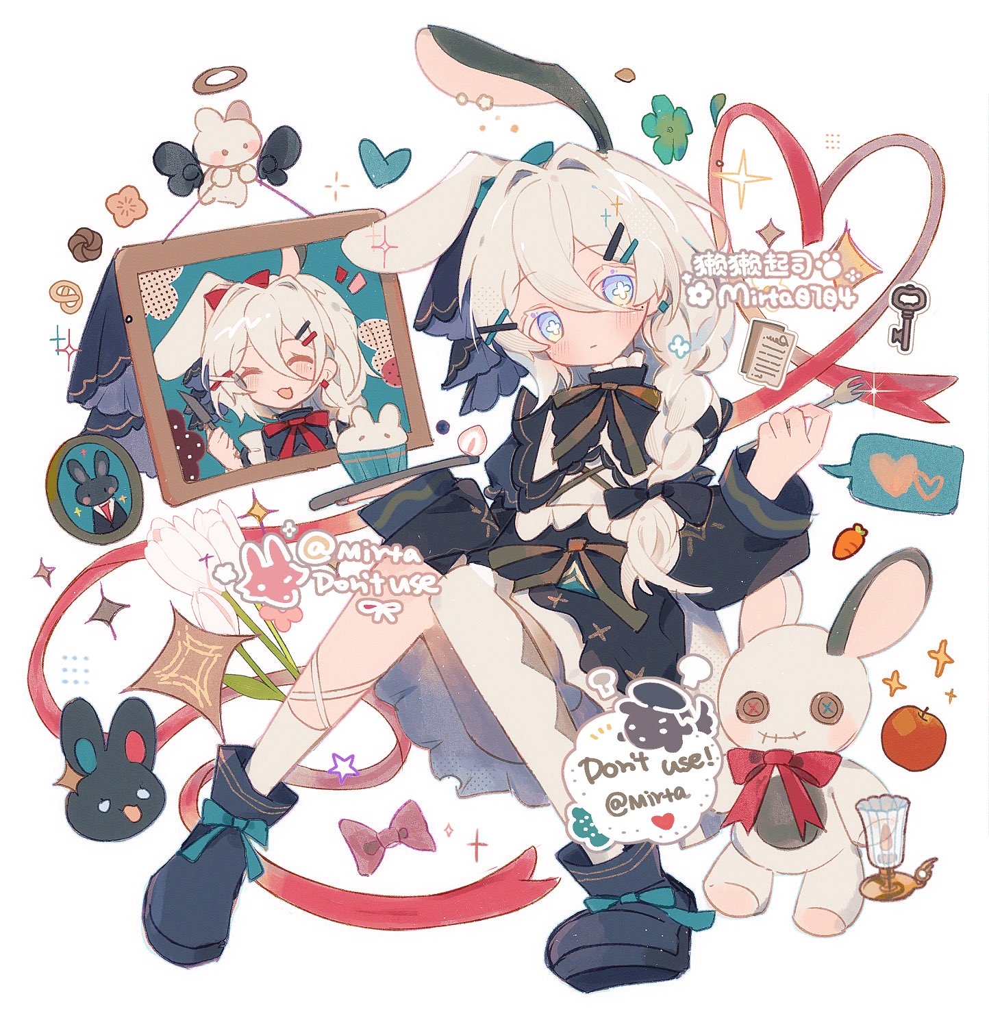 mirta, original, commentary, commission, highres, symbol-only commentary, 1girl, artist name, asymmetrical legwear, black boots, black bow, black bowtie, black dress, blue eyes, blush, boots, bow, bowtie, braid, cross-shaped pupils, double-parted bangs, dress, fork, full body, hair between eyes, hair ornament, hairclip, holding, holding fork, key, knees up, long hair, long sleeves, looking at viewer, open mouth, parallel hairclips, simple background, single braid, single sock, single thighhigh, sitting, socks, solo, symbol-shaped pupils, thighhighs, uneven legwear, watermark, white background, white hair, white socks, white thighhighs, x hair ornament