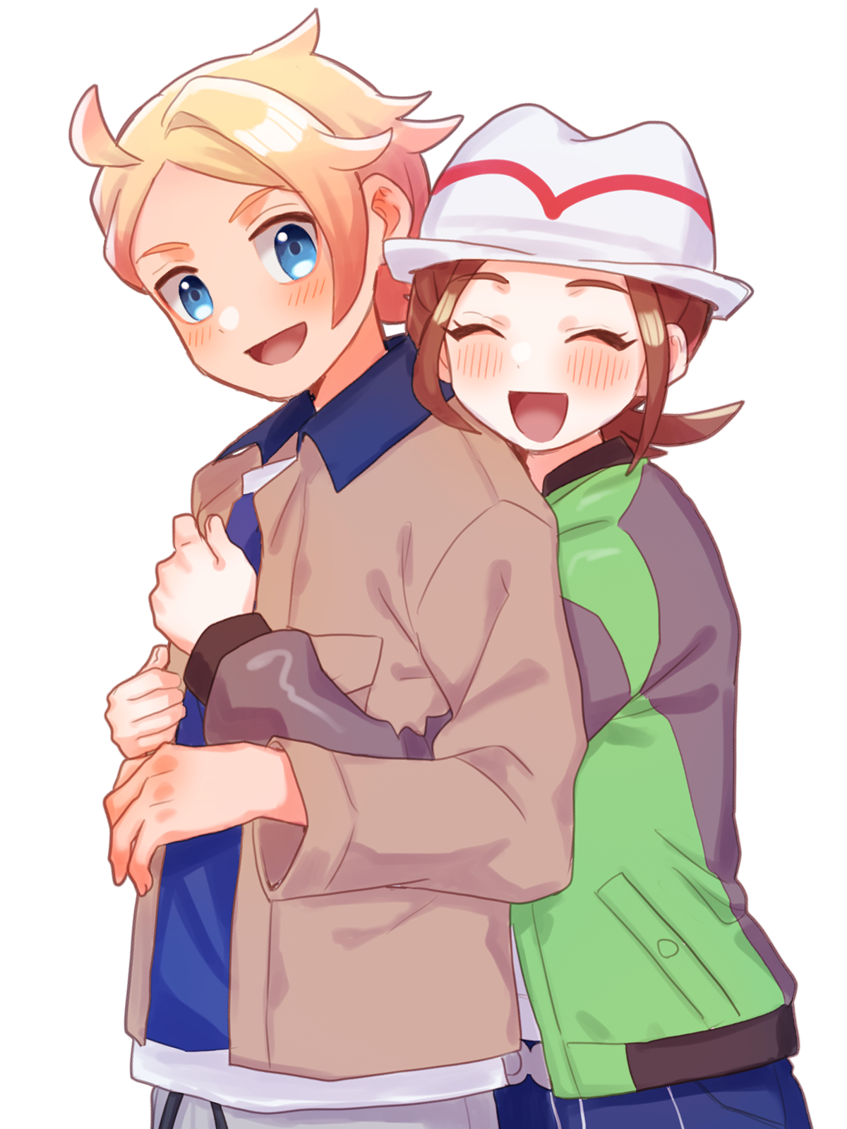 mochi (mocchi p 2m), harmony (pokemon), urbain (pokemon), nintendo, pokemon, pokemon legends: z-a, commentary request, highres, 1boy, 1girl, :d, blonde hair, blue eyes, blue shirt, blush, brown hair, brown jacket, closed eyes, eyelashes, happy, hat, jacket, long sleeves, open clothes, open jacket, open mouth, pants, shirt, simple background, smile, tongue, white background, white hat
