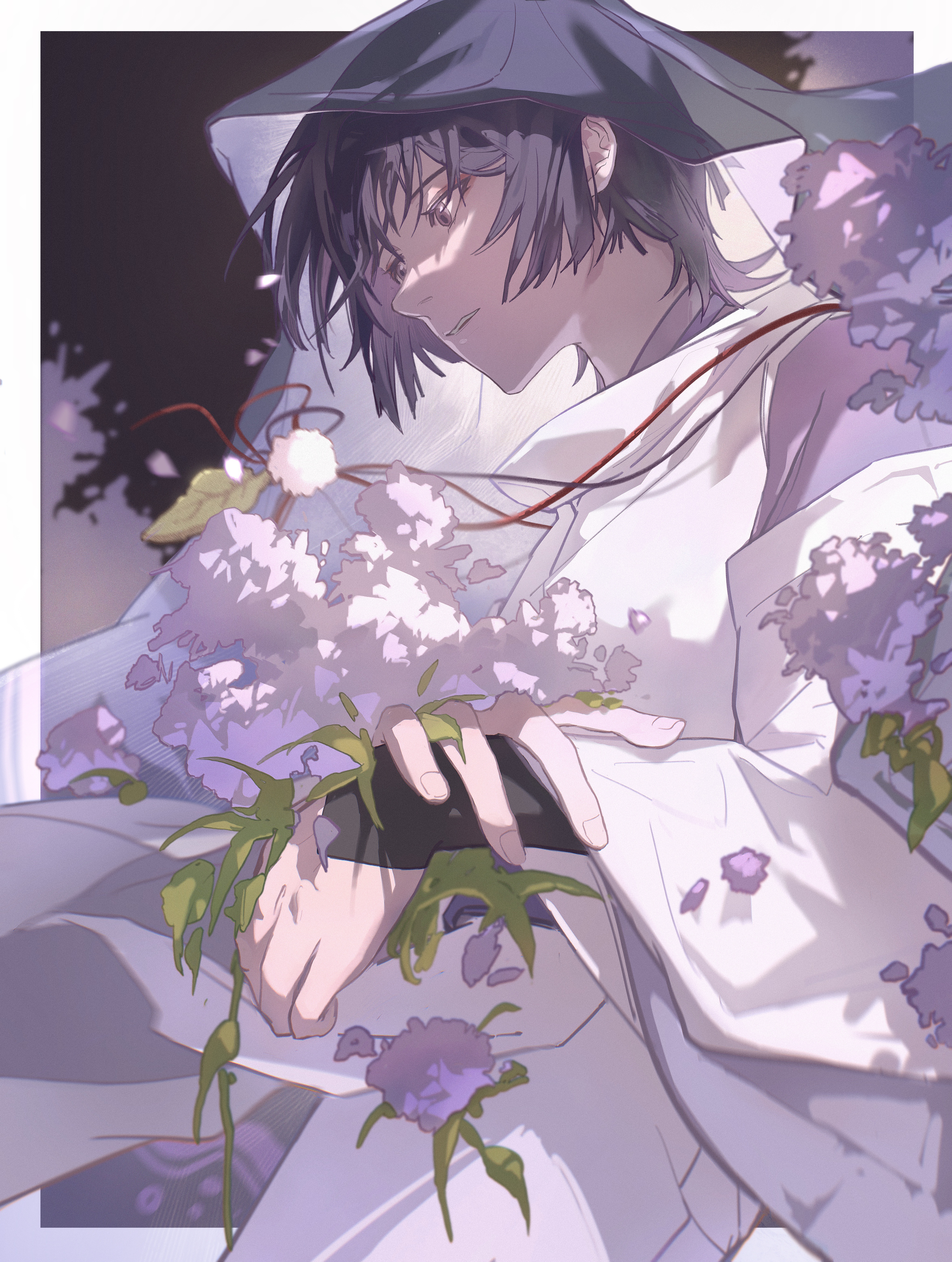 tripleefish, scaramouche (genshin impact), scaramouche (kabukimono) (genshin impact), genshin impact, absurdres, chinese commentary, highres, 1boy, blurry, blurry background, bridal gauntlets, eyeliner, flower, from side, hair between eyes, holding, holding flower, long sleeves, makeup, open mouth, outdoors, purple eyes, purple hair, red eyeliner, shade, short hair, solo, standing, teeth, too many flowers, upper body, veil, wide sleeves