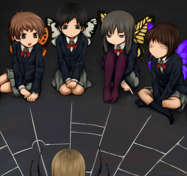yajirushi (chanoma), original, arthropod girl, brown eyes, brown hair, butterfly wings, insect girl, insect wings, ladder lottery, monster girl, pantyhose, school uniform, skirt, socks, spider girl, wings