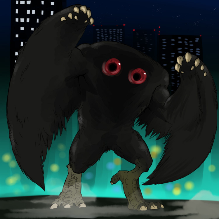 spacezin, mothman, bad id, bad pixiv id, city, cityscape, headless, monster, night, red eyes, wings