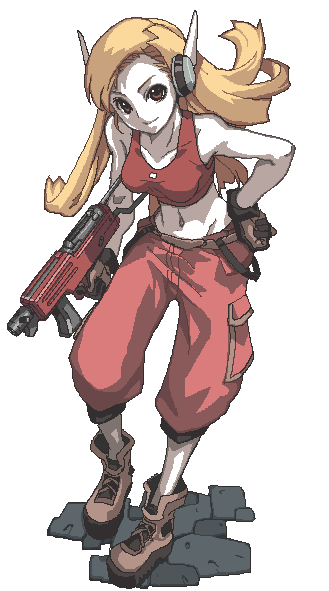 nagi ryou, curly brace, doukutsu monogatari, 1girl, android, blonde hair, boots, brown eyes, female focus, full body, gloves, gun, midriff, navel, oekaki, pale skin, pixel art, robot ears, simple background, solo, standing, tank top, weapon
