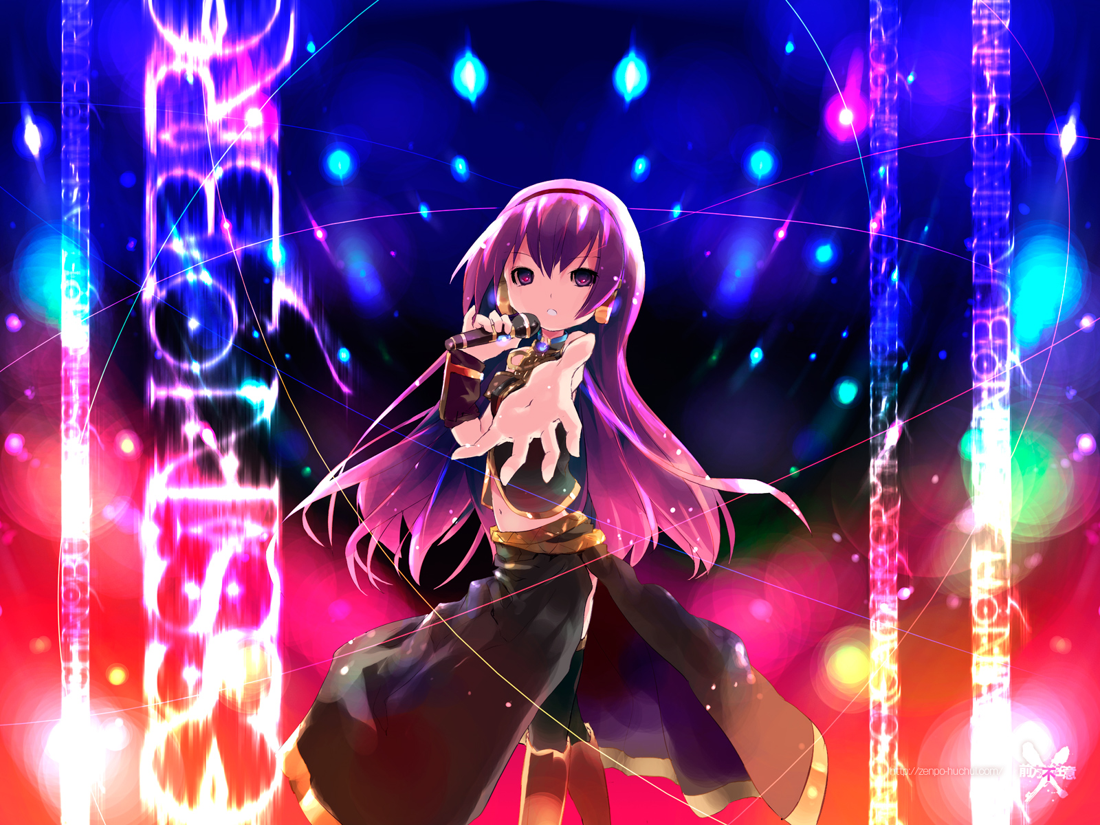 kuroba u, megurine luka, vocaloid, highres, 1girl, colorful, female focus, microphone, outstretched arm, outstretched hand, reaching, solo