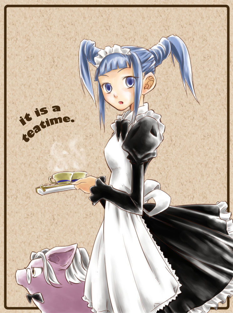 uta (kuroneko), original, bad id, bad pixiv id, 1girl, apron, blue eyes, blue hair, bow, bowtie, cup, english text, engrish text, female focus, glasses, grey hair, hairband, maid, maid apron, matching hair/eyes, pig, ranguage, solo, teacup, tray, twintails