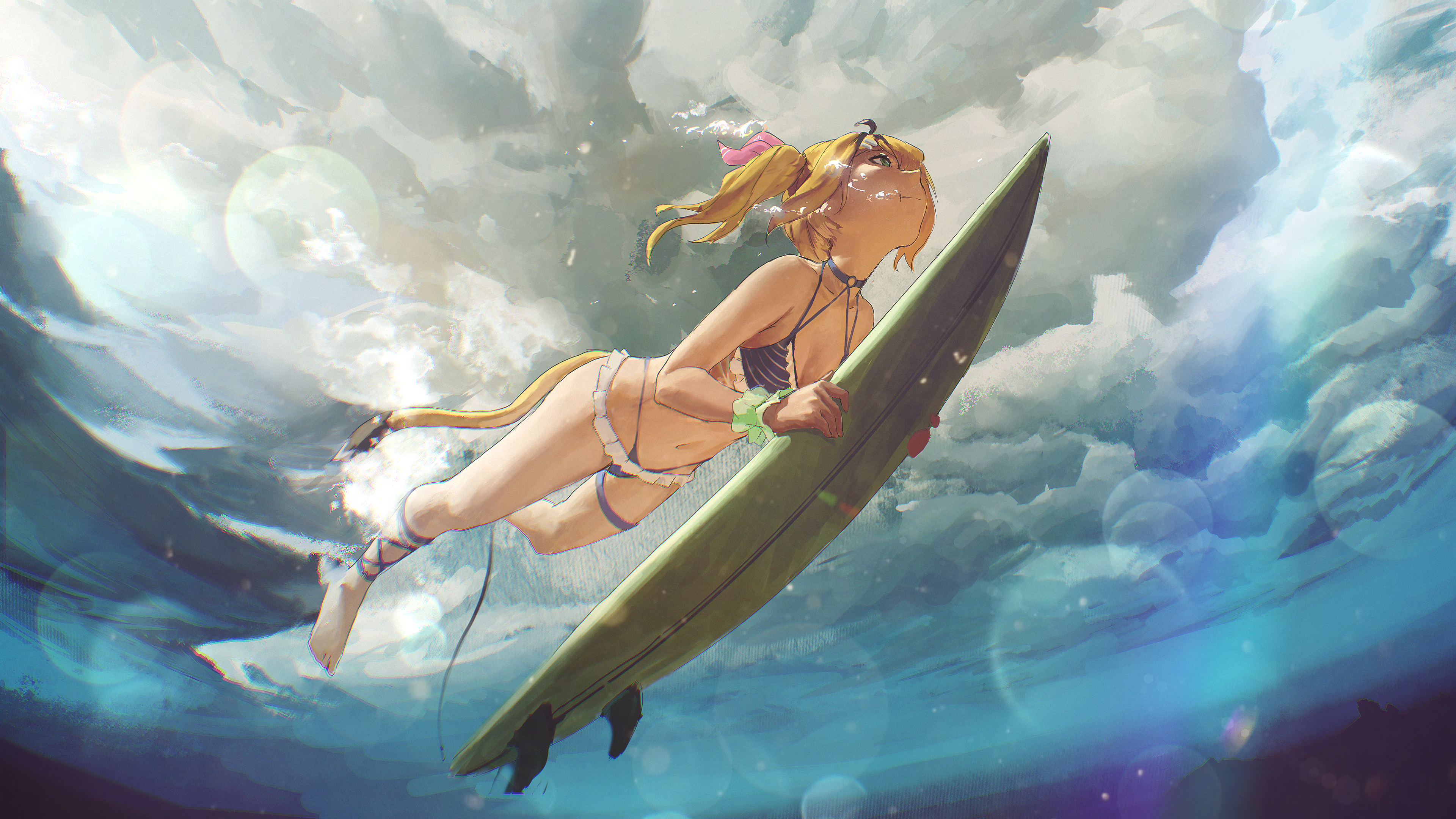 kokono ka, dooby, dooby (summer), indie virtual youtuber, absurdres, commentary request, highres, 1girl, :t, ahoge, air bubble, artist name, barefoot, bikini, black hair, blonde hair, blue bikini, blue choker, breasts, bubble, choker, closed mouth, feet, green eyes, highleg, highleg bikini, jerboa tail, letterboxed, medium breasts, multicolored hair, navel, o-ring, o-ring choker, side ponytail, solo, streaked hair, string bikini, striped bikini, striped clothes, submerged, surfboard, swimsuit, thigh strap, toes, underwater, virtual youtuber