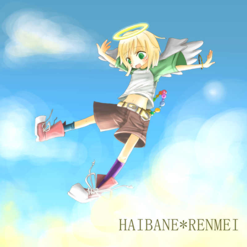 kuu (haibane renmei), haibane renmei, 00s, cloud, day, falling, floating, glowing, glowing halo, green eyes, halo, midriff, navel, short hair, shorts, sky, solo, traditional halo, wings