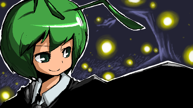 spacezin, wriggle nightbug, touhou, bad id, bad pixiv id, 1girl, antennae, bug, cape, collared shirt, female focus, fireflies, firefly, green eyes, green hair, insect, matching hair/eyes, oekaki, shirt, short hair, solo