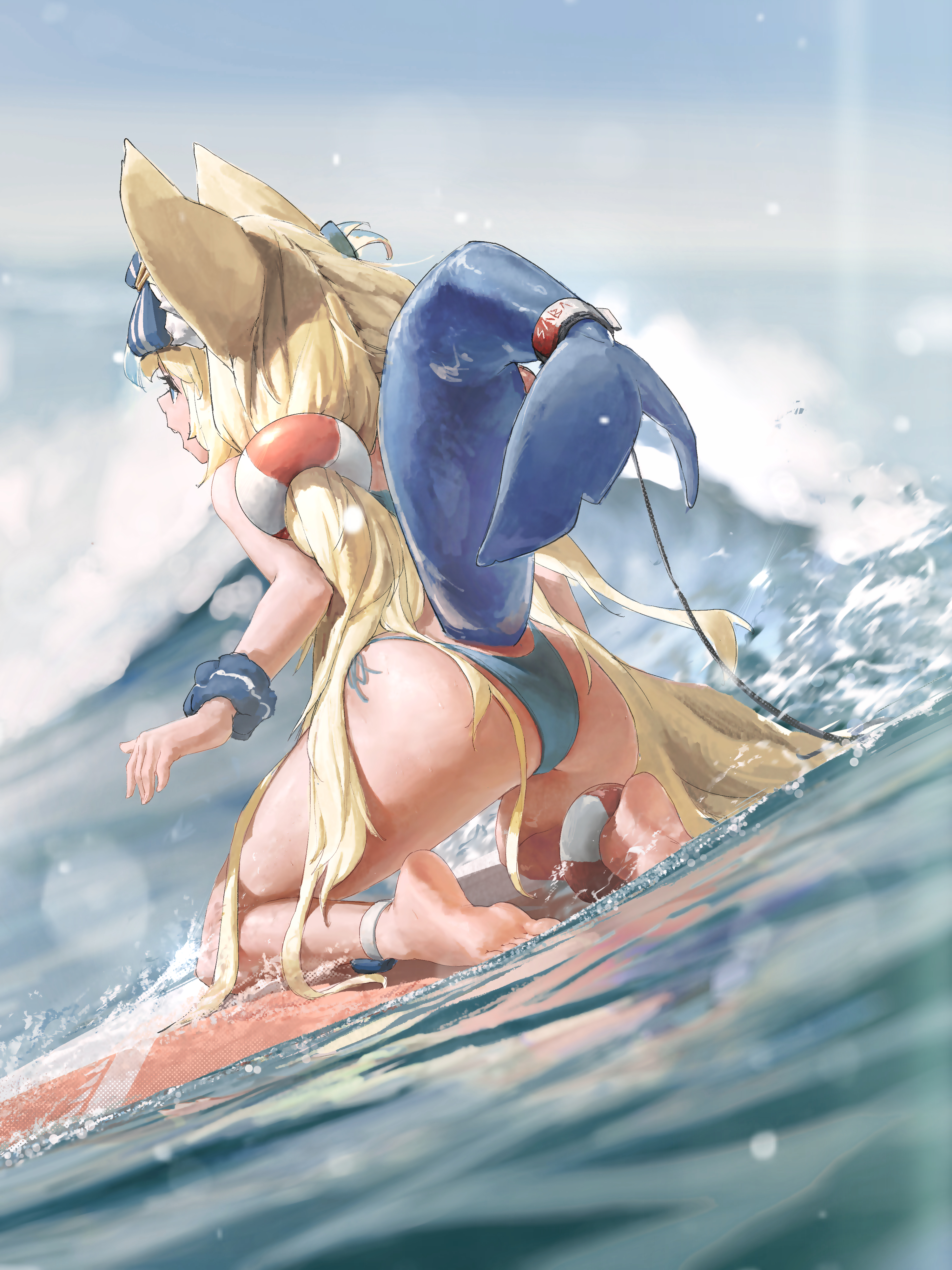 kokono ka, sameko saba, indie virtual youtuber, absurdres, commentary request, highres, 1girl, animal ear fluff, animal ears, ass, barefoot, bikini, blonde hair, blue bikini, blue eyes, blue scrunchie, blue streaks, blurry, blurry background, cat ears, day, feet, fins, fish girl, fish tail, hair ornament, highleg, highleg bikini, kneeling, lifebuoy anklet, lifebuoy hair ornament, long hair, low twintails, multicolored hair, ocean, one side up, open mouth, outdoors, profile, scrunchie, side-tie bikini bottom, soles, solo, streaked hair, string bikini, surfboard, surfing, swimsuit, tail, toes, twintails, very long hair, virtual youtuber, water, waves, wrist scrunchie