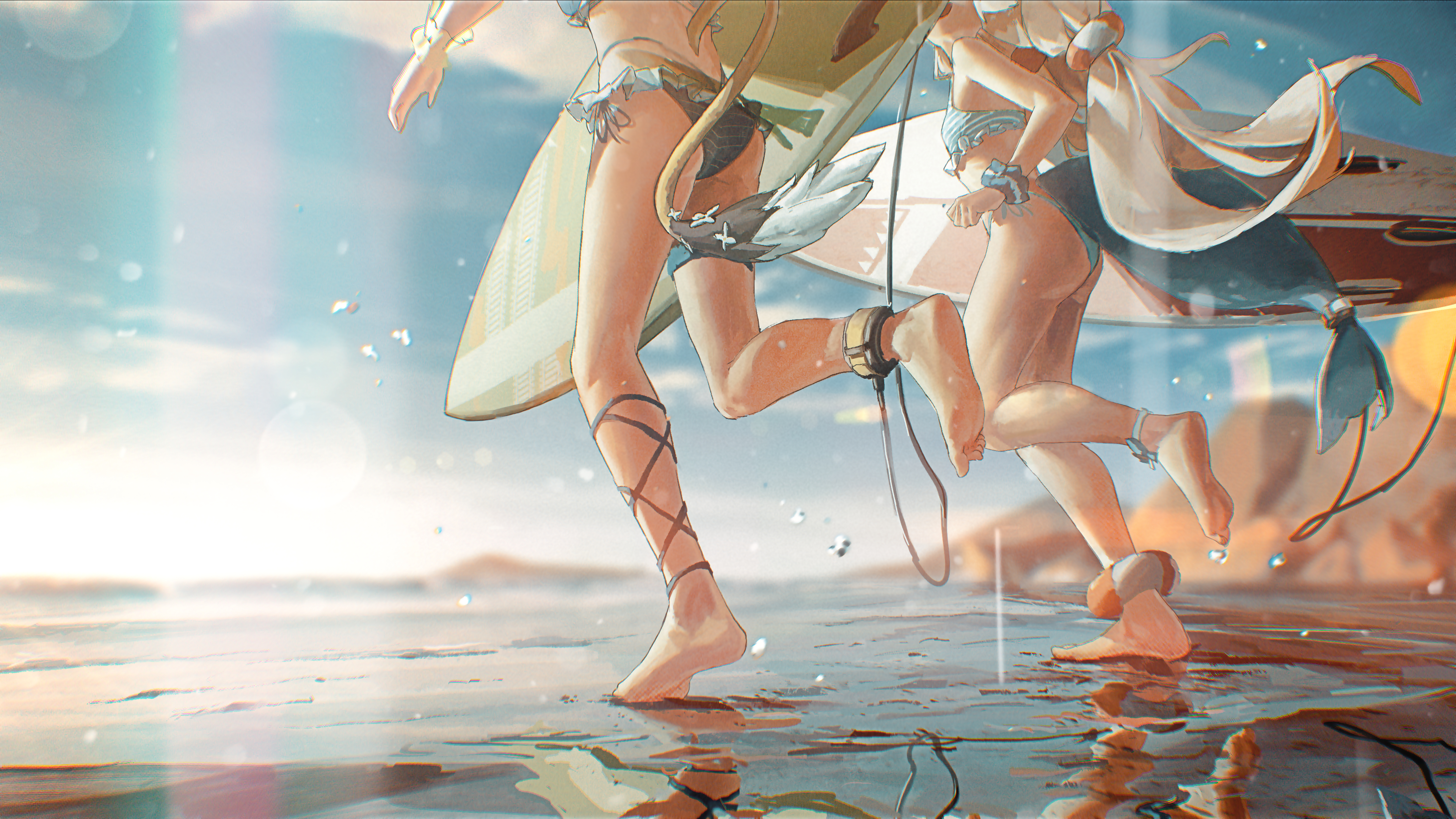 kokono ka, dooby, dooby (summer), sameko saba, indie virtual youtuber, absurdres, commentary request, highres, 2girls, ass, barefoot, beach, bikini, blonde hair, blue bikini, blue scrunchie, blue sky, blurry, blurry background, bubble, cloud, day, feet, fins, fish girl, fish tail, floating hair, hair ornament, jerboa tail, long hair, lower body, multiple girls, ocean, outdoors, running, scrunchie, shore, sky, soles, striped bikini, striped clothes, surfboard, swimsuit, tail, toes, very long hair, virtual youtuber, water, wrist scrunchie