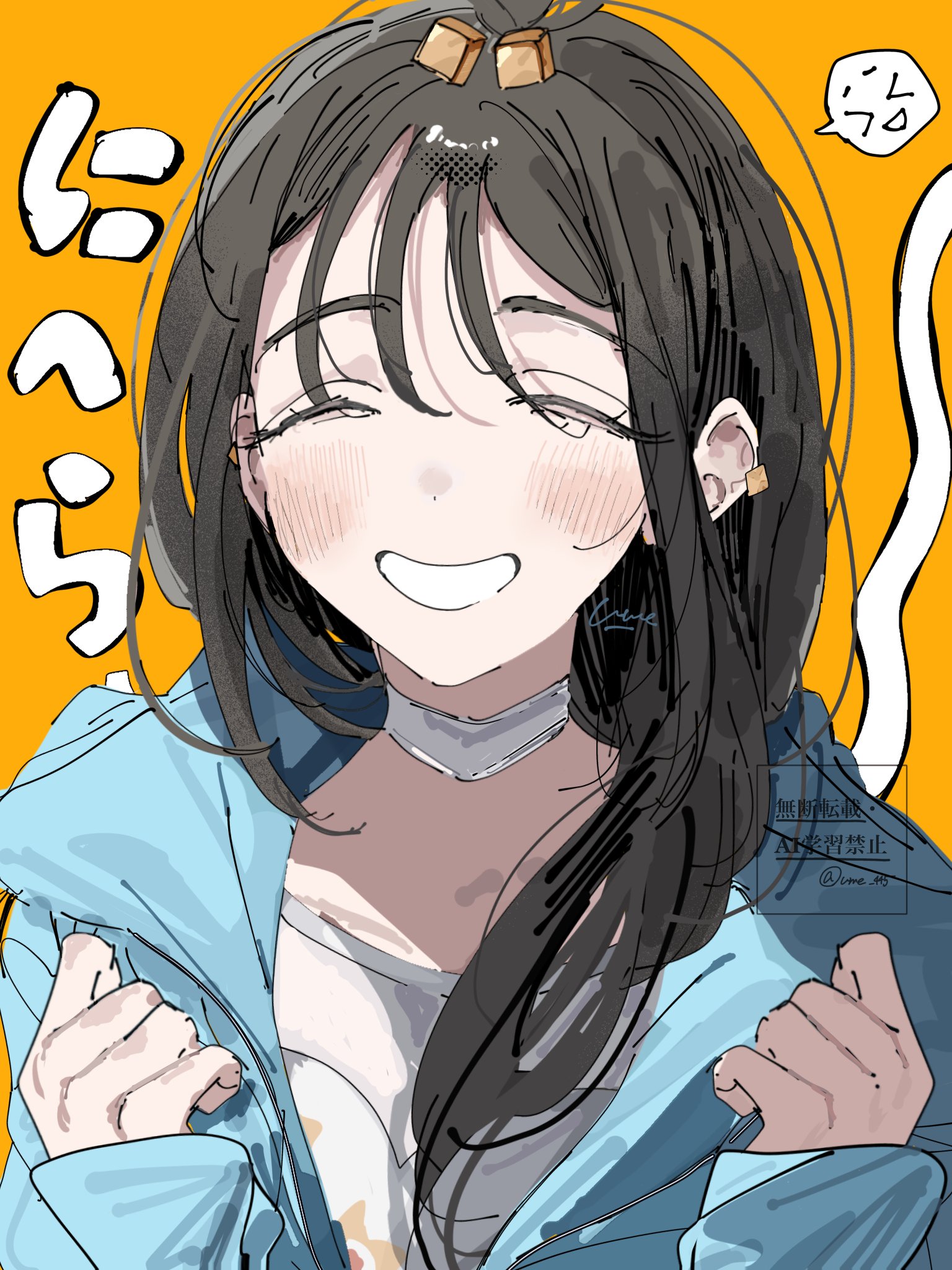 ume (ume 445), lida (pokemon), nintendo, pokemon, pokemon legends: z-a, commentary request, highres, translation request, 1girl, black hair, blue hoodie, blush, choker, closed eyes, cube hair ornament, ear piercing, grin, hair ornament, hands up, happy, hood, hoodie, long hair, long sleeves, orange background, piercing, shirt, signature, sleeves past wrists, smile, solo, teeth, upper body