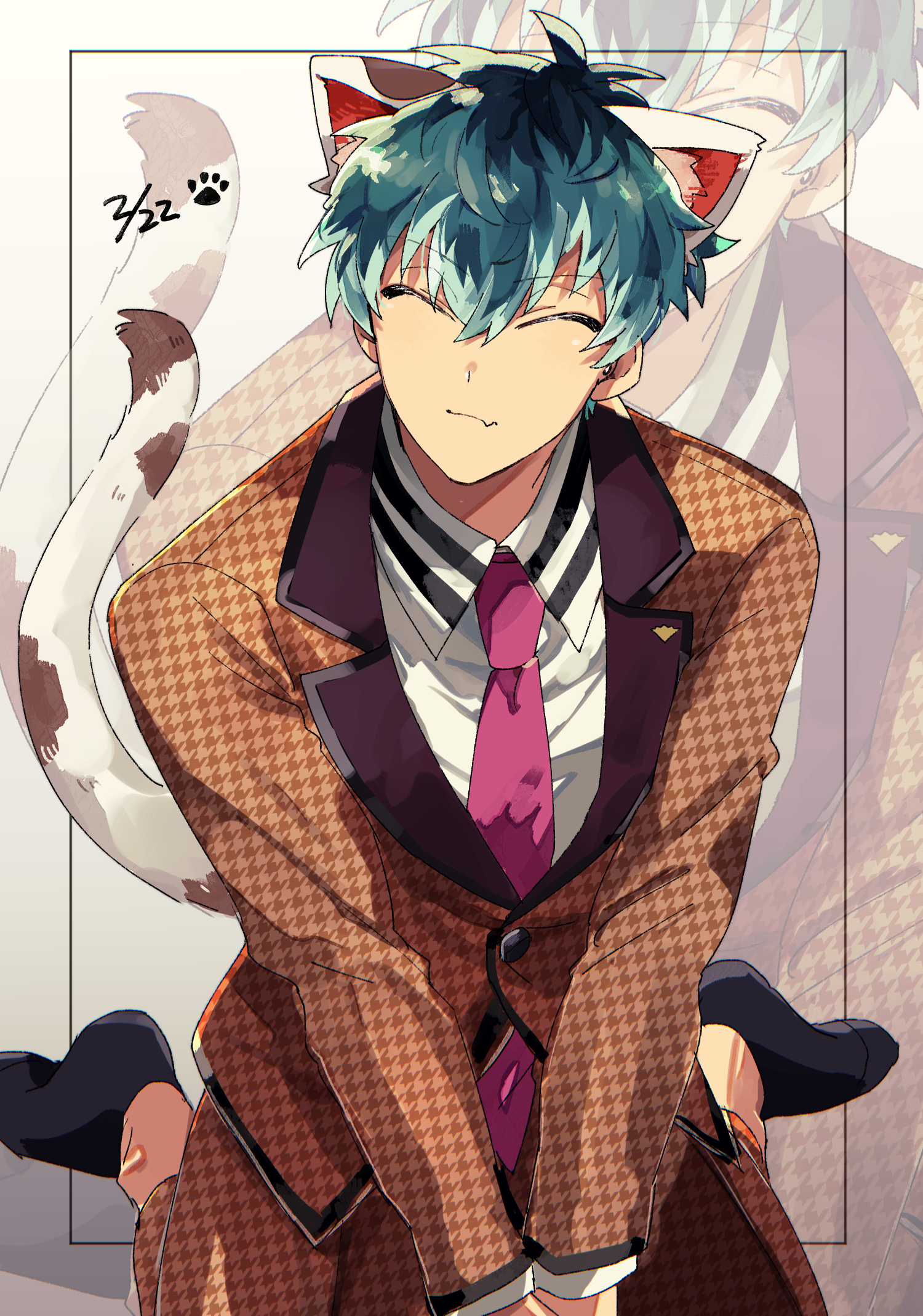 yuu (areruya), nurude sasara, hypnosis mic, highres, 1boy, animal ears, aqua hair, cat boy, cat ears, cat tail, closed eyes, cowboy shot, dated, facing viewer, fang, formal clothes, houndstooth, kneeling, lapels, male focus, multicolored hair, necktie, patterned clothing, red necktie, shirt, sitting, skin fang, solo, suit, tail, wariza, white shirt