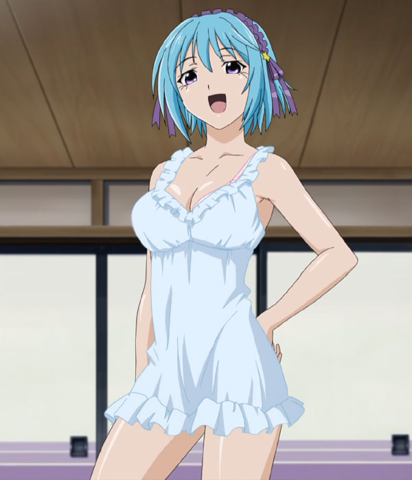 kurono kurumu, rosario+vampire, anime screenshot, stitched, third-party edit, 00s, 1girl, blue hair, bra, breasts, chemise, demon girl, female focus, hand on own hip, hip focus, large breasts, lingerie, looking at viewer, negligee, nightgown, purple eyes, solo, underwear