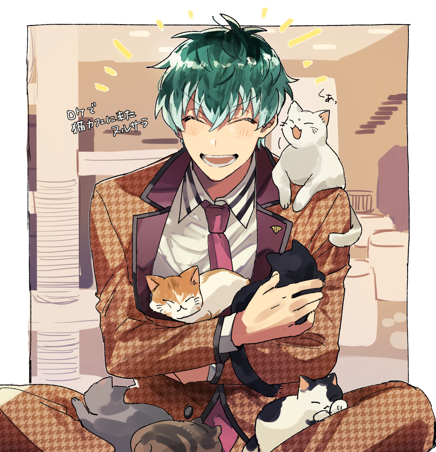 yuu (areruya), nurude sasara, hypnosis mic, highres, translation request, 1boy, animal, animal on lap, animal on shoulder, aqua hair, black cat, black trim, cat, cat on lap, cat on shoulder, closed eyes, formal clothes, grin, holding, holding animal, holding cat, houndstooth, light blush, male focus, multicolored hair, multiple cats, necktie, on floor, on lap, patterned clothing, red necktie, shirt, sitting, smile, solo, striped blush, suit, white cat, white shirt