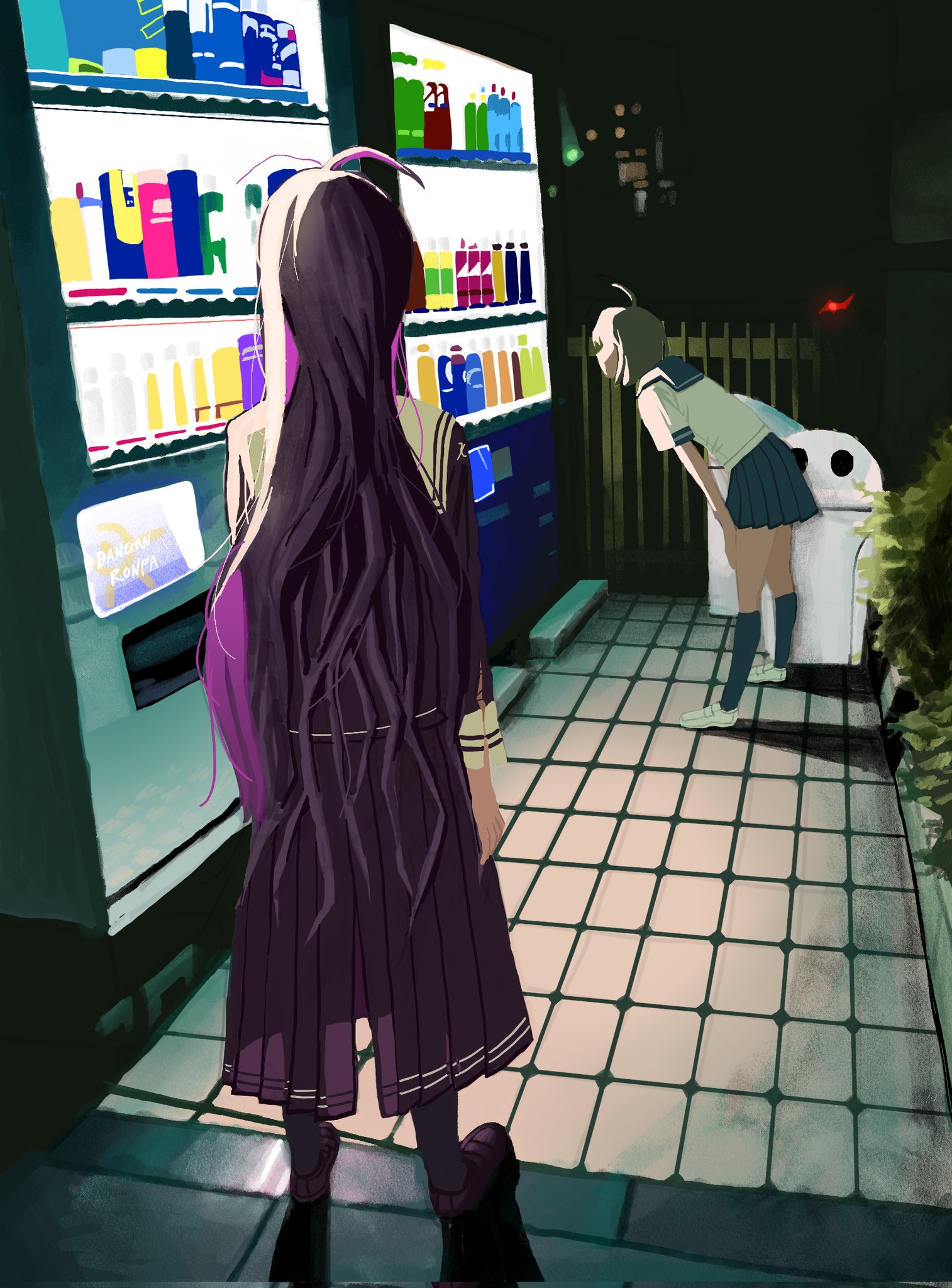 hamuseutta, fukawa toko, monokuma, naegi komaru, danganronpa (series), danganronpa another episode: ultra despair girls, corrupted twitter file, highres, 2girls, ahoge, bent over, blue skirt, brown hair, bush, faceless, faceless female, facing another, facing away, fence, glowing, glowing eyes, long hair, long sleeves, multiple girls, night, outdoors, pleated skirt, purple hair, purple serafuku, purple shirt, purple skirt, sailor collar, school uniform, serafuku, shirt, skirt, standing, vending machine, white sailor collar