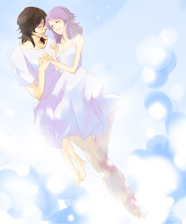 miko (yayamiko), anew returner, lyle dylandy, gundam, gundam 00, 00s, 1boy, 1girl, barefoot, brown hair, closed eyes, cloud, couple, hetero, holding, holding hands, innovators (gundam 00), purple hair, sky