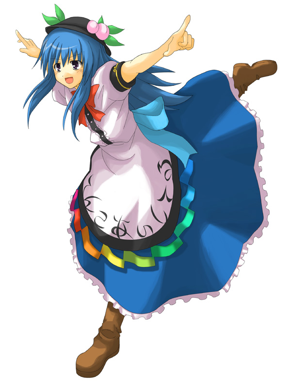 hino ryuu, hinoryu, hinanawi tenshi, touhou, bad id, bad pixiv id, 1girl, :d, blue hair, blue skirt, boots, bow, bowtie, brown boots, female focus, food, fruit, full body, hat, knee boots, open mouth, outstretched arms, peach, puffy short sleeves, puffy sleeves, purple eyes, rainbow order, red bow, red bowtie, red eyes, shirt, short hair, short sleeves, sidelocks, simple background, skirt, smile, solo, white background, white shirt