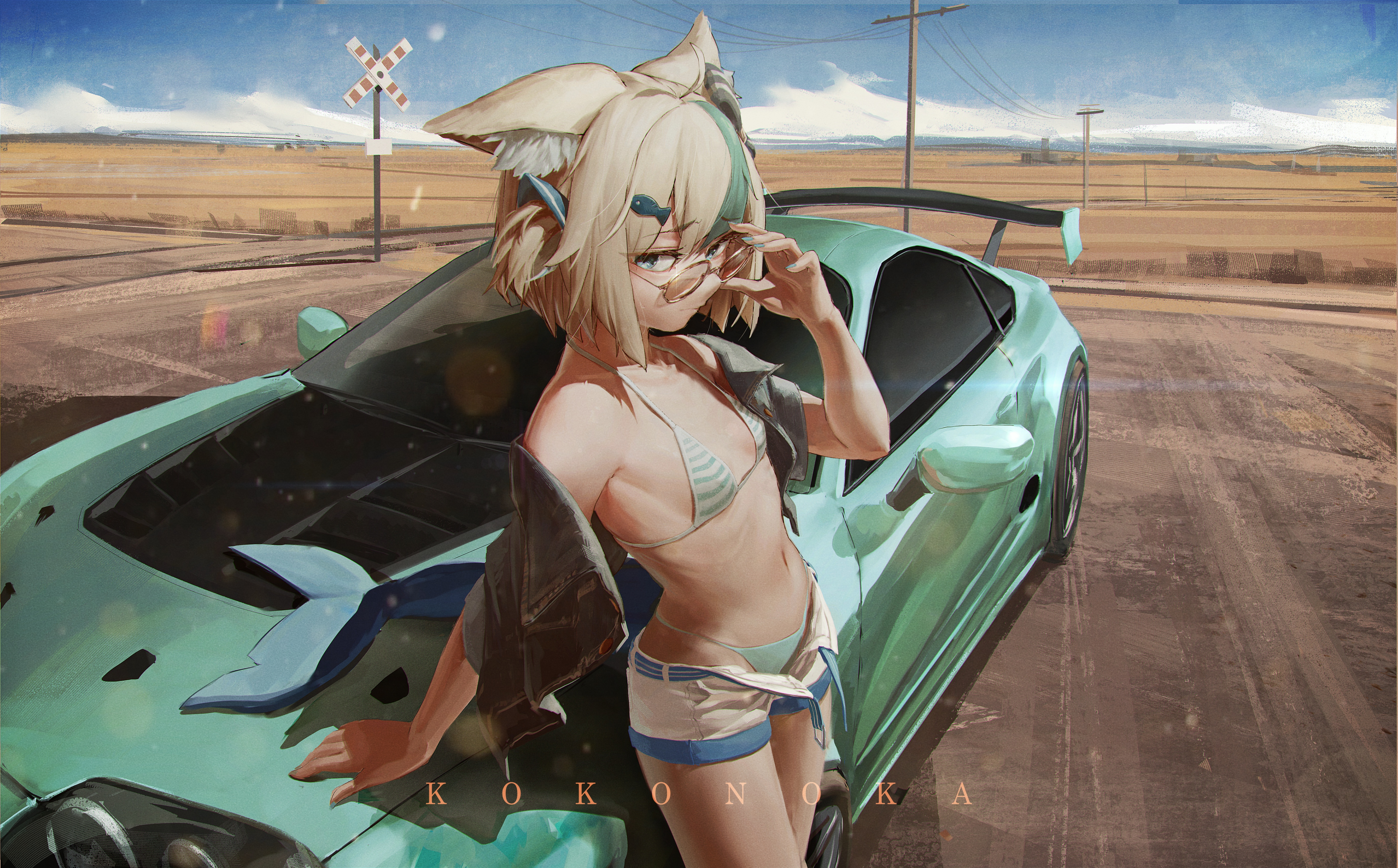kokono ka, sameko saba, indie virtual youtuber, toyota, toyota supra, absurdres, commentary, highres, 1girl, adjusting eyewear, ahoge, alternate hair length, alternate hairstyle, animal ear fluff, animal ears, bikini, bikini under clothes, blonde hair, blue eyes, blue hair, blue jacket, blue nails, blue sky, bob cut, car, cat ears, closed mouth, cropped jacket, day, fingernails, fish hair ornament, flat chest, from side, hair ornament, hand on eyewear, jacket, looking at viewer, looking over eyewear, motor vehicle, multicolored hair, nail polish, navel, off shoulder, open clothes, open jacket, outdoors, power lines, scenery, short hair, sideways glance, sky, solo, streaked hair, string bikini, striped bikini, striped clothes, sunglasses, swimsuit, toyota supra mk iv, upper body, utility pole, virtual youtuber