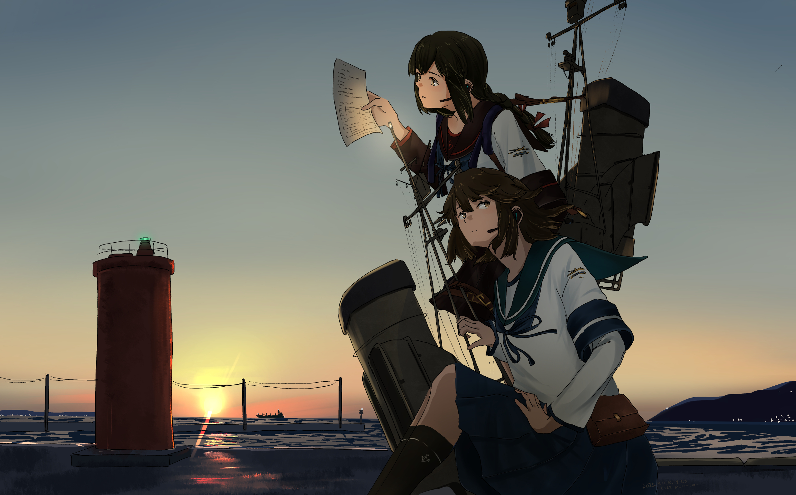 kuragare, isonami (kancolle), isonami kai ni (kancolle), miyuki (kancolle), kantai collection, commentary request, highres, 2girls, adapted turret, blue sailor collar, blue skirt, brown eyes, folded ponytail, headgear, holding, holding paper, mast, multiple girls, outdoors, paper, rigging, sailor collar, school uniform, serafuku, short hair, skirt, smokestack, sunrise