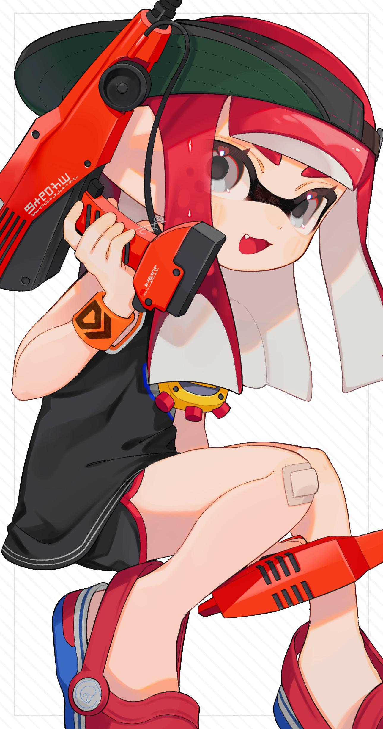 sabata saba, inkling girl, inkling player character, nintendo, splatoon (series), absurdres, commentary request, highres, 1girl, :d, black shorts, crocs, diagonal-striped background, dualie squelchers (splatoon), fang, gauze on knee, grey eyes, hand up, holding, inkling, jersey, light blush, long hair, open mouth, red hair, shorts, sideways hat, sitting, smile, solo, striped background, tentacle hair, visor cap, wristband