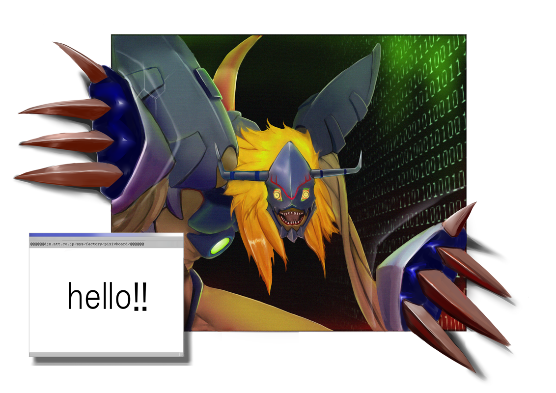 murakumo1987, diablomon, digimon, digimon adventure, digimon adventure: bokura no war game, microsoft windows, windows 2000, windows classic, armor, binary, blonde hair, claws, digimon (creature), english text, horns, looking at viewer, monster, no humans, sharp teeth, solo, spikes, teeth, through medium, through screen, window (computing), yellow eyes, you gonna get raped