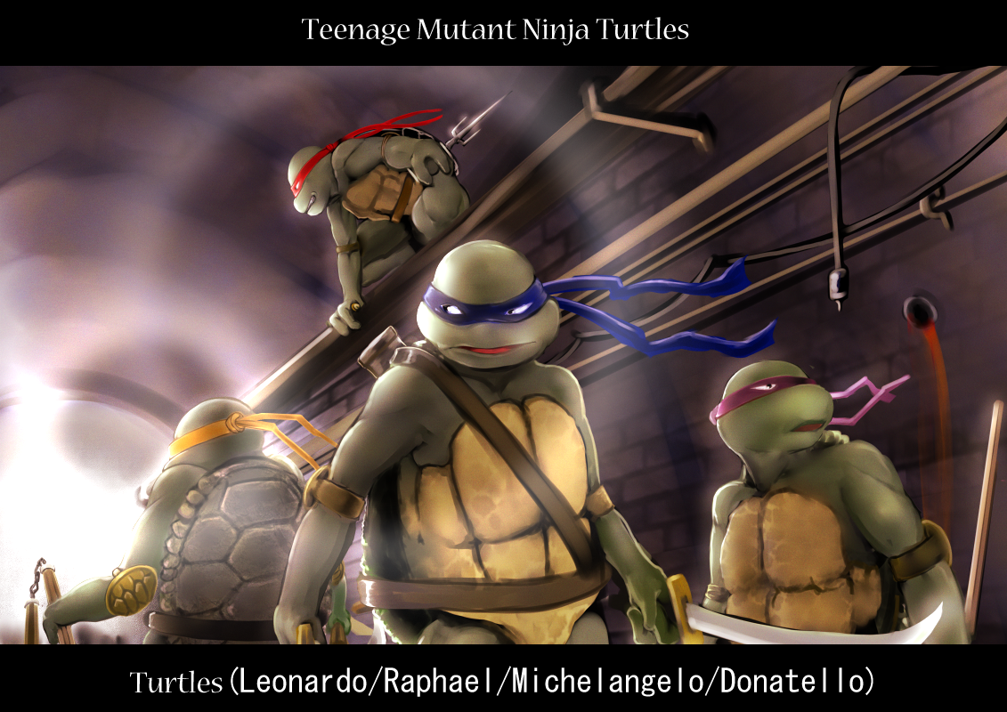 murakumo1987, donatello (tmnt), leonardo (tmnt), michelangelo (tmnt), raphael (tmnt), teenage mutant ninja turtles, bad id, bad pixiv id, bandana, character name, copyright name, katana, letterboxed, ninja, no humans, nunchaku, sai (weapon), staff, sword, turtle, weapon