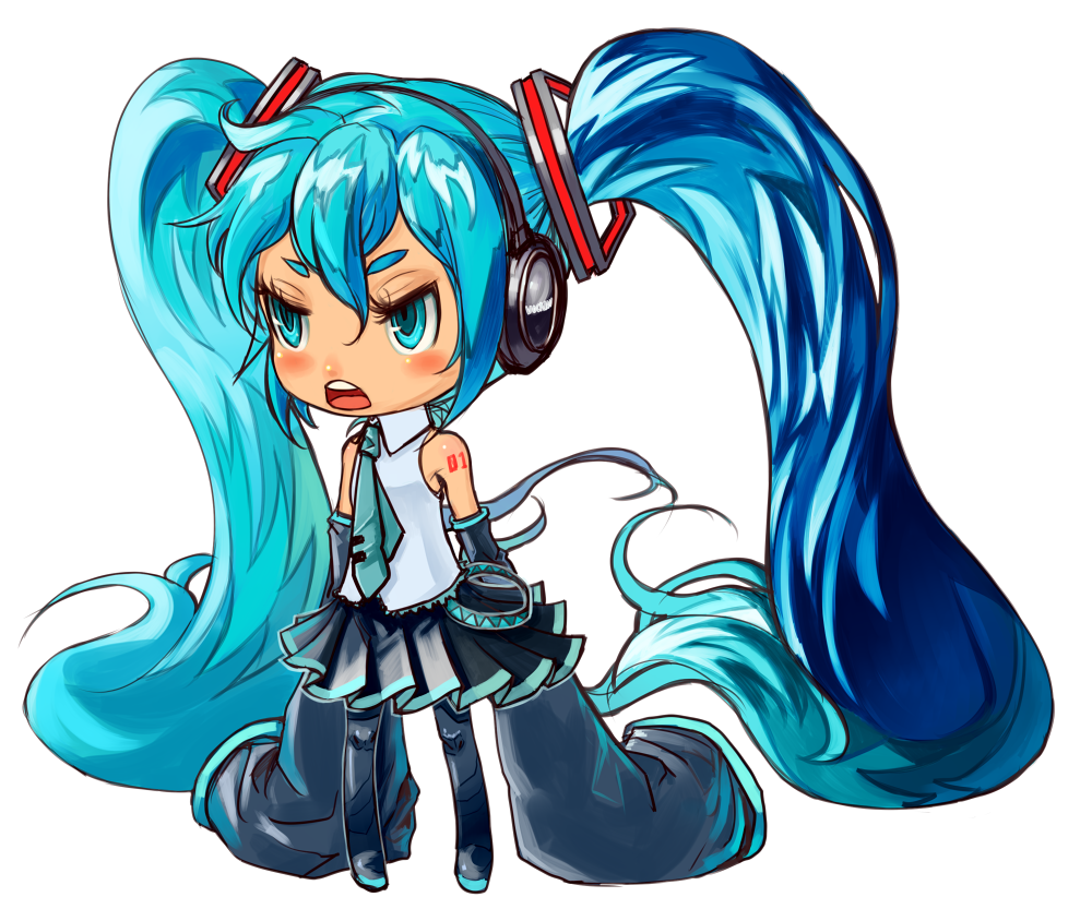 kansou samehada, hatsune miku, vocaloid, bad id, bad pixiv id, 1girl, angry, aqua eyes, aqua hair, chibi, detached sleeves, female focus, headset, long hair, necktie, skirt, sleeves past wrists, solo, thighhighs, twintails, very long hair
