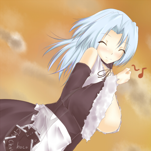 otogi (s in w), original, bad id, bad pixiv id, lowres, apron, bare shoulders, blue hair, blush, breasts, closed eyes, cloud, detached sleeves, dress, happy, huge breasts, large breasts, long hair, musical note, sideboob, sky, smile, solo