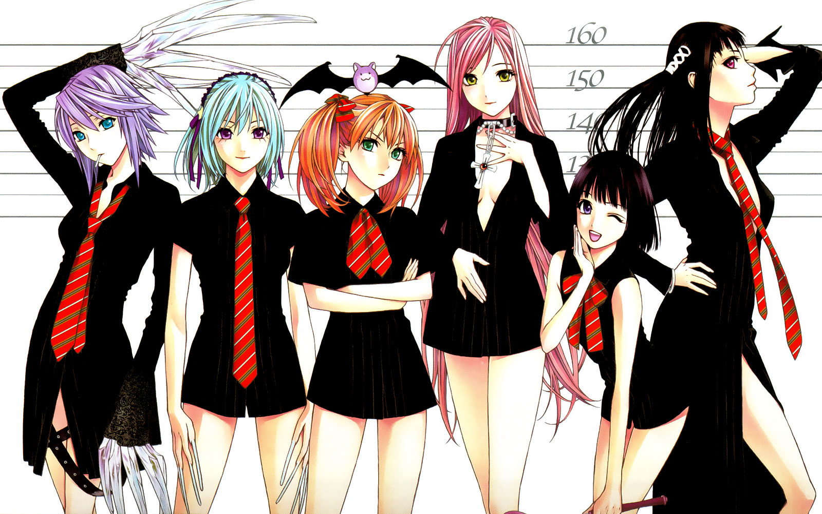 ikeda akihisa, akashiya moka, kurono kurumu, nazo koumori, sendou yukari, shirayuki mizore, shuzen kokoa, toujou ruby, rosario+vampire, light purple hair, striped, highres, official art, 00s, 6+girls, angry, bat (animal), belt, black eyes, black hair, blue hair, blush, bow, breasts, candy, choker, claws, cleavage, cross, crossed arms, dress, everyone, female focus, food, green eyes, green hair, hair bow, hair ribbon, hairband, hand on own hip, heart, height chart, hip focus, lineup, lollipop, long hair, long sleeves, medium breasts, mouth hold, multiple girls, necktie, no bra, no pants, one eye closed, open mouth, orange hair, pink hair, purple eyes, purple hair, red hair, ribbon, short hair, short twintails, skirt, sleeveless, smile, thighs, twintails, vampire, very long hair, wand, wink, yellow eyes