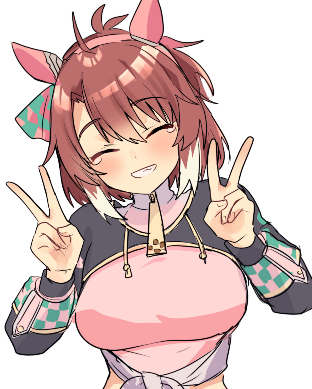 numachi doromaru, dantsu flame (umamusume), umamusume, highres, 1girl, ahoge, animal ears, black shrug, blush, bow, breasts, brown hair, checkered ribbon, closed eyes, dantsu flame (center spotlight) (umamusume), double v, ear covers, ear ornament, ear ribbon, facing viewer, grin, hair between eyes, hair ornament, hairband, horse ears, horse girl, large breasts, multicolored hair, open mouth, pink hairband, pink shirt, shirt, shrug (clothing), simple background, smile, solo, teeth, tied shirt, upper body, v, white background, white hair
