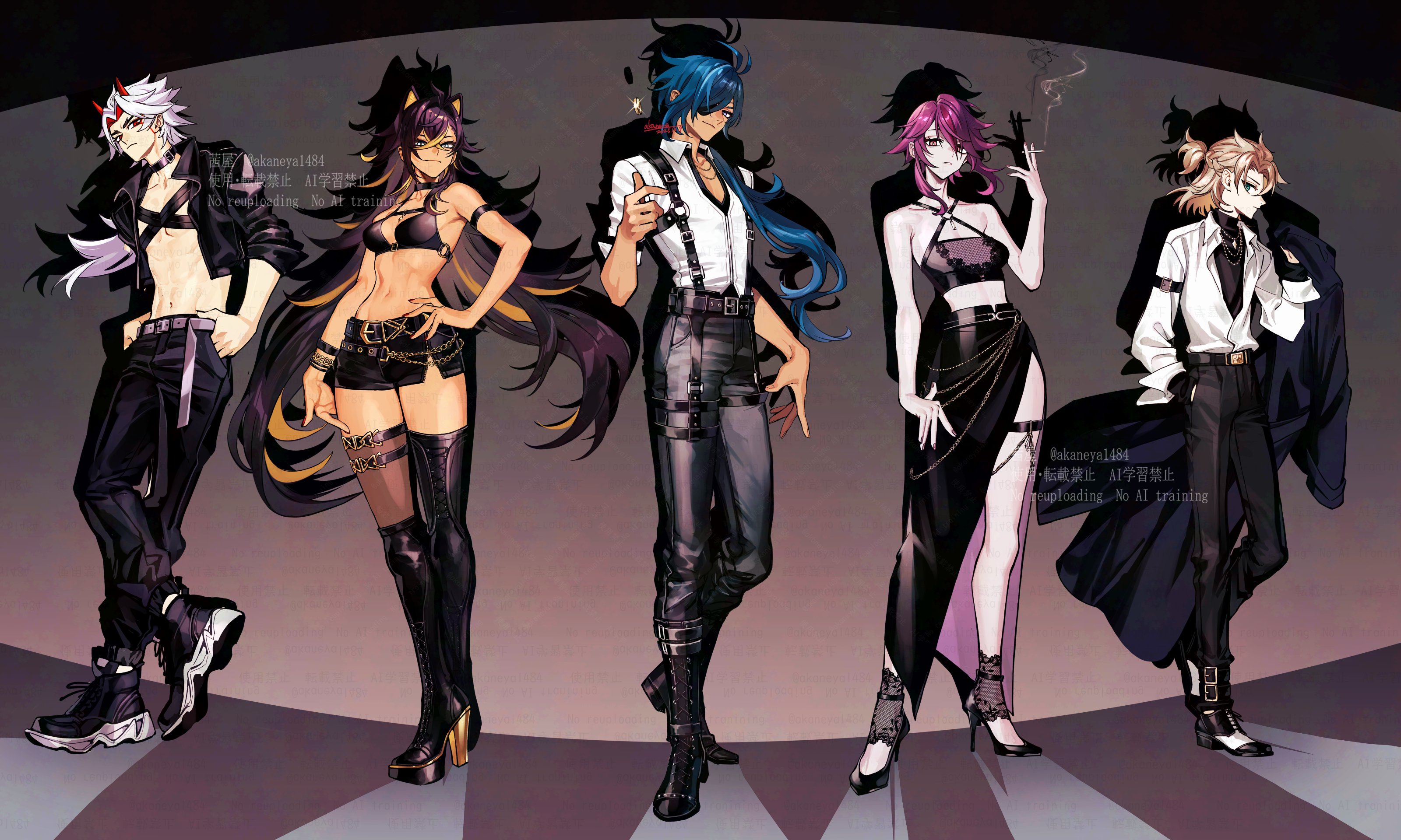 ojo aa, albedo (genshin impact), arataki itto, dehya (genshin impact), kaeya (genshin impact), rosaria (genshin impact), genshin impact, absurdres, commentary request, highres, 2girls, 3boys, abs, antenna hair, aqua eyes, arm strap, artist name, asymmetrical footwear, bare shoulders, belt, belt buckle, black belt, black boots, black choker, black jacket, black nails, black pants, black shirt, black shoes, black shorts, black skirt, blonde hair, blue coat, blue eyes, blue hair, boots, bracelet, braid, breasts, brown hair, brown thighhighs, buckle, chain, chain bracelet, chest harness, choker, cigarette, cleavage, cleavage cutout, closed mouth, clothing cutout, coat, coin, coin flip, collarbone, collared jacket, collared shirt, colored inner hair, criss-cross halter, crop top, cropped jacket, crossed ankles, crossed bangs, dark-skinned female, dark-skinned male, dark skin, dated, earrings, expressionless, eyelashes, eyepatch, eyeshadow, facepaint, fingernails, fishnets, frown, gold bracelet, gold chain, grey background, hair between eyes, hair ears, hair intakes, hair over one eye, hair over shoulder, half up half down braid, halterneck, hand in pocket, hand on own hip, hand up, hands in pockets, harness, high heel boots, high heels, holding, holding cigarette, holding coat, holding unworn clothes, horns, jacket, jewelry, knee boots, lace-up boots, leather, leather jacket, long hair, long skirt, long sleeves, looking at viewer, low ponytail, makeup, medium breasts, medium hair, midriff, midriff peek, multicolored hair, multicolored shoes, multiple boys, multiple girls, nail polish, navel, o-ring, one eye covered, oni, open clothes, open jacket, pants, parted bangs, parted lips, pectoral cleavage, pectorals, platform boots, ponytail, purple belt, purple eyes, purple hair, purple nails, red eyes, red hair, red horns, red nails, serious, shadow, shirt, shirt tucked in, shoes, short hair, short hair with long locks, short shorts, short sleeves, shorts, side slit, sidelocks, sideways glance, signature, single thighhigh, skirt, sleeves rolled up, smile, smoke, sneakers, standing, stomach, strappy heels, streaked hair, studded belt, suspenders, swept bangs, thick eyebrows, thigh boots, thigh strap, thighhighs, turtleneck, twitter username, two-tone shoes, undershirt, uneven footwear, unworn coat, very long hair, wallet chain, watermark, white hair, white shirt, white shoes