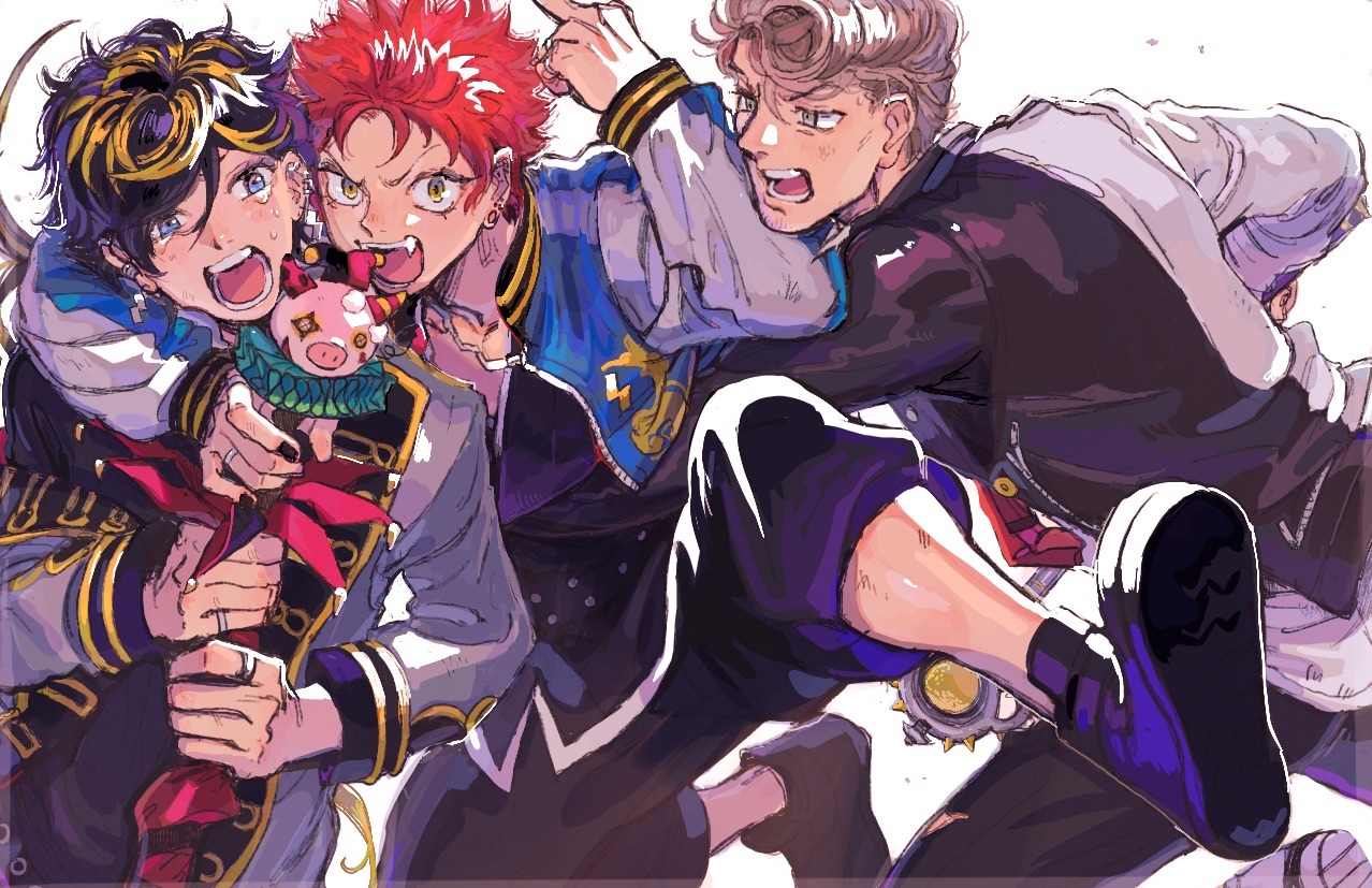 gumiuchi, aimono jyushi, amaguni hitoya, harai kuko, hypnosis mic, 3boys, arm around shoulder, bad ass temple, black hair, black jacket, black nails, black pants, black shirt, black shoes, blonde streaks, blue eyes, brown eyes, brown hair, dynamic pose, fangs, furrowed brow, gradient eyes, half-closed eye, jacket, jewelry, jumping, looking at another, looking at viewer, male focus, middle finger, multicolored eyes, multiple boys, open mouth, pants, pink eyes, pompadour, red hair, ring, running, shirt, shoes, upper body, white background, yellow eyes, yellow jacket, yellow trim