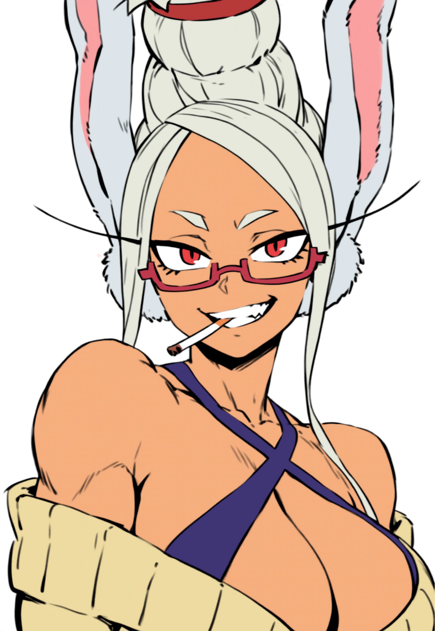 parallaxfused, ayase seiko, mirko, boku no hero academia, dandadan, commentary, english commentary, highres, 1girl, animal ears, ayase seiko (cosplay), bare shoulders, beehive hairdo, breasts, cigarette, cleavage, collarbone, cosplay, criss-cross halter, dark-skinned female, dark skin, glasses, grin, halterneck, large breasts, long eyelashes, long hair, looking at viewer, off-shoulder cardigan, parted bangs, rabbit ears, rabbit girl, red-framed eyewear, red eyes, semi-rimless eyewear, simple background, smile, solo, tall hair, toned, toned female, upper body, white background, white hair, yellow card