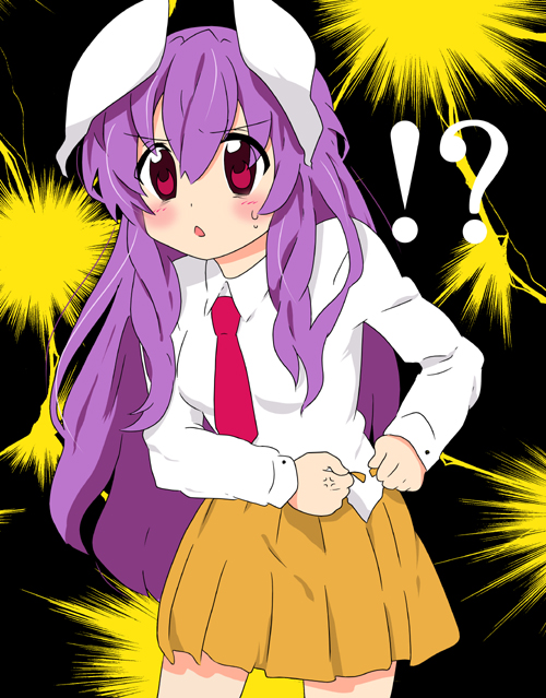 ayasugi tsubaki, reisen udongein inaba, touhou, !?, 1girl, animal ears, female focus, necktie, purple eyes, purple hair, rabbit ears, red necktie, skirt, solo, sweatdrop, undressing