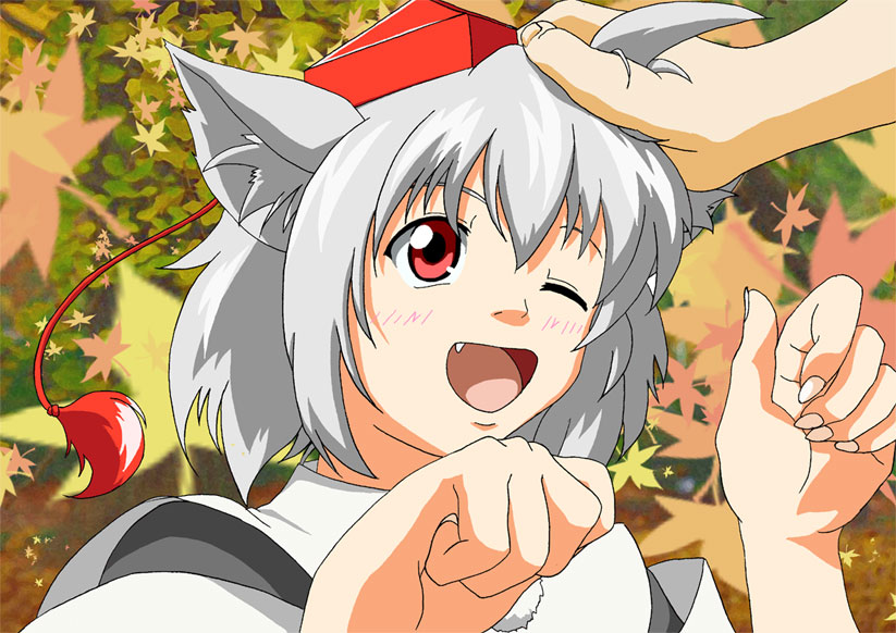 sachishiro pengin, inubashiri momiji, touhou, bad id, bad pixiv id, 1girl, animal ears, blush, fang, female focus, hat, head pat, headpat, one eye closed, red eyes, solo focus, tokin hat, wink