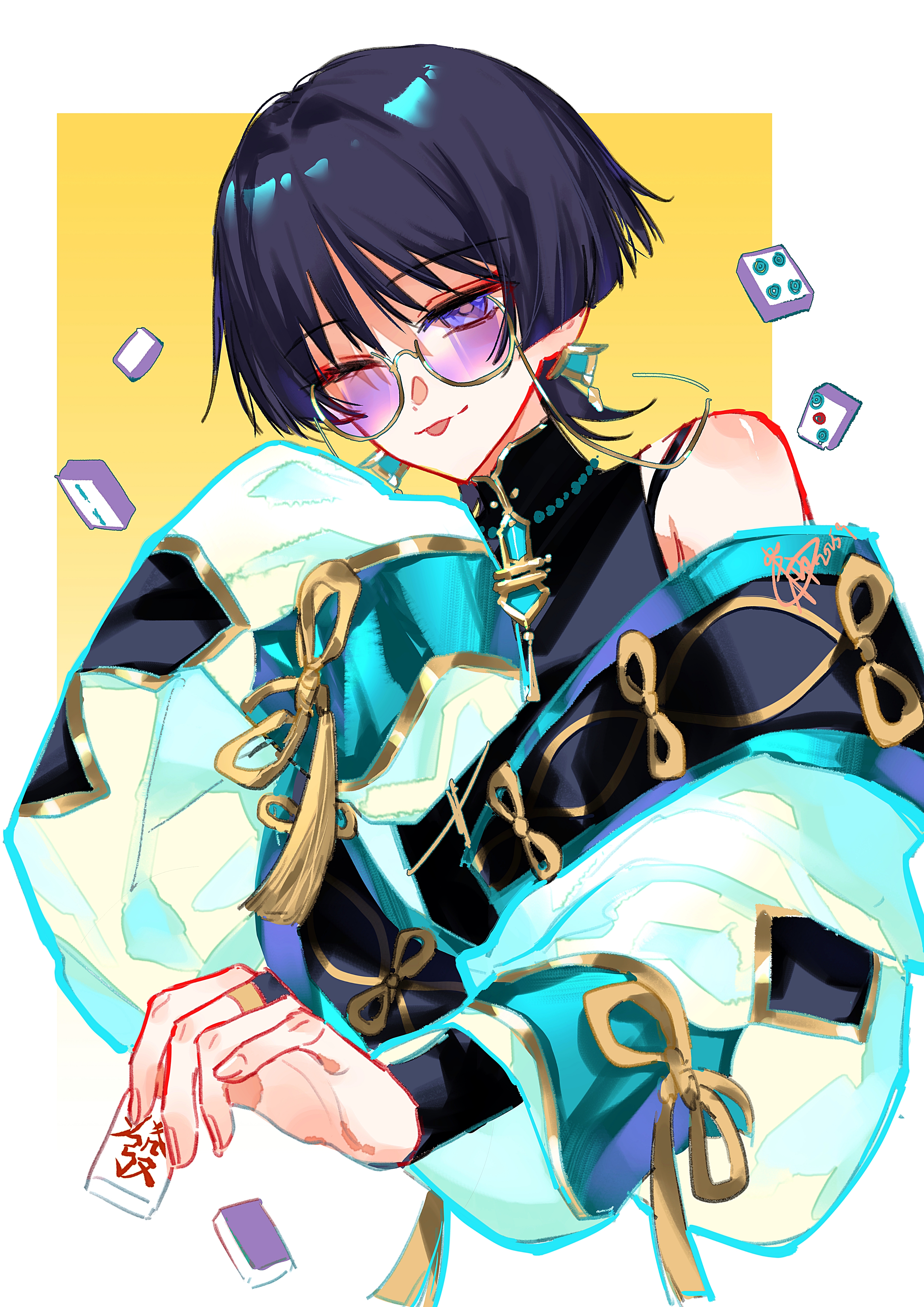 scaramouche (genshin impact), wanderer (genshin impact), wanderer (parallels meet) (genshin impact), genshin impact, absurdres, chinese commentary, highres, 1boy, alternate costume, alternate universe, blue eyes, blue hair, doka2, earrings, gambling, hair between eyes, hoyofair, jewelry, long sleeves, looking at viewer, multicolored eyes, multicolored hair, off shoulder, one eye closed, playing games, short hair, single bare shoulder, single earring, sleeveless, solo, streaked hair, sunglasses, tongue, tongue out, yellow background