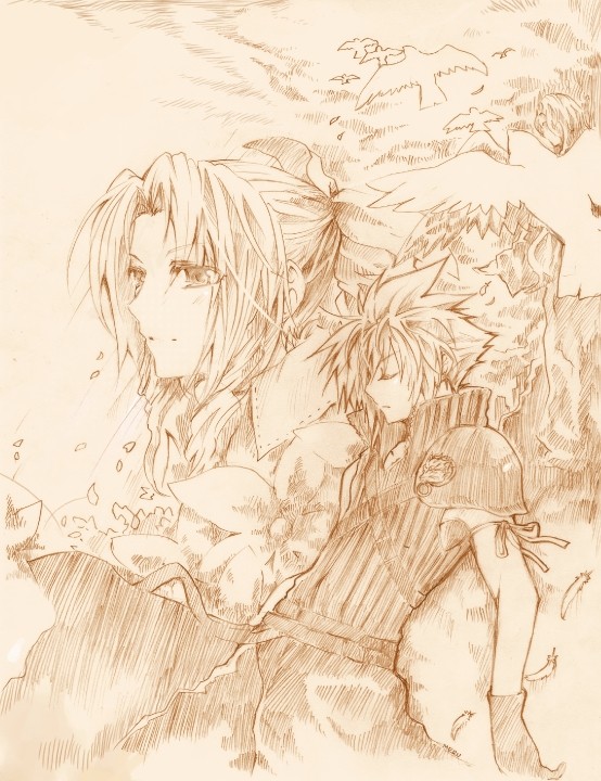 meru, aerith gainsborough, cloud strife, final fantasy, final fantasy vii, final fantasy vii advent children, 00s, 1990s (style), 1boy, 1girl, bird, brown theme, closed eyes, monochrome