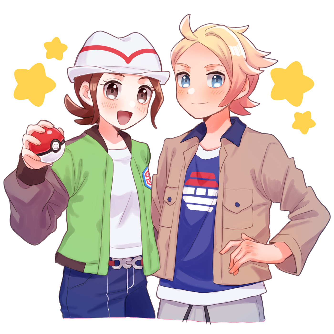 mochi (mocchi p 2m), harmony (pokemon), urbain (pokemon), nintendo, pokemon, pokemon legends: z-a, commentary request, highres, 1boy, 1girl, :d, belt, blonde hair, blue eyes, blue pants, blue shirt, blush, brown eyes, brown hair, brown jacket, closed mouth, green jacket, grey pants, happy, hat, holding, holding poke ball, jacket, long sleeves, looking at viewer, open clothes, open jacket, open mouth, pants, poke ball, poke ball (basic), shirt, smile, star (symbol), white background, white hat, white shirt