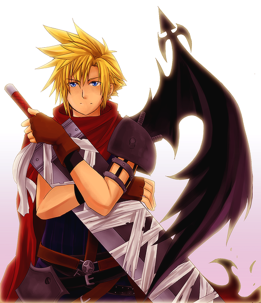 meru, cloud strife, final fantasy, final fantasy vii, kingdom hearts, 1990s (style), 1boy, bandages, blonde hair, blue eyes, buster sword, fingerless gloves, gloves, gradient background, male focus, retro artstyle, shoulder pads, smile, solo, sword, weapon, wings