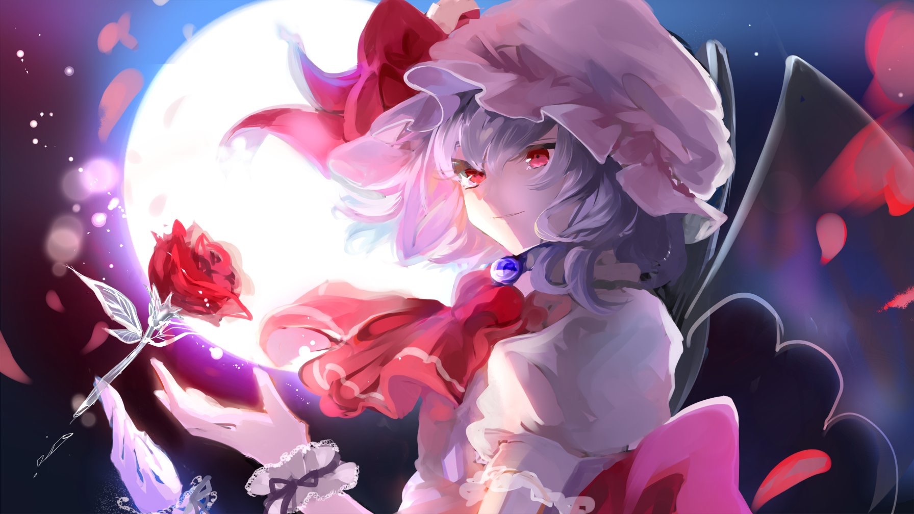 pekerika, remilia scarlet, touhou, highres, 1girl, ascot, bat wings, blue gemstone, closed mouth, flower, frilled cuffs, frilled hat, frills, full moon, gem, hair between eyes, hat, hat ribbon, mob cap, moon, pink hat, pink shirt, puffy short sleeves, puffy sleeves, purple hair, red ascot, red eyes, red flower, red ribbon, red rose, ribbon, rose, shirt, short hair, short sleeves, smile, solo, wings, wrist cuffs