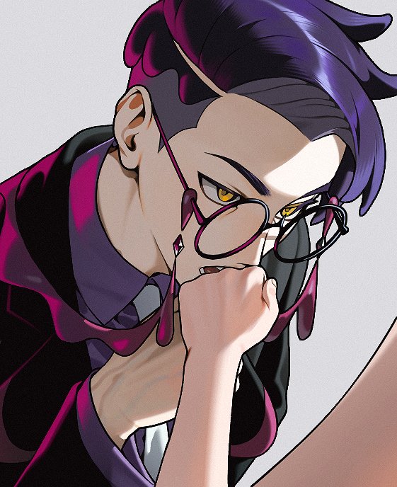 987645321o, corbeau (pokemon), nintendo, pokemon, pokemon legends: z-a, commentary, 1boy, 1girl, black-framed eyewear, black hair, black jacket, collared shirt, glasses, grey background, jacket, kiss, kissing hand, male focus, necktie, open mouth, purple shirt, shirt, short hair, teeth, yellow eyes