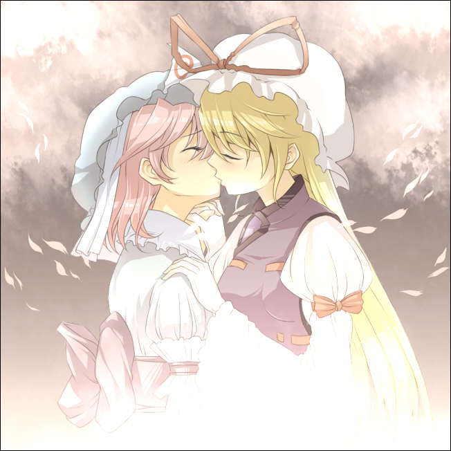 urin, saigyouji yuyuko, yakumo yukari, touhou, bad id, bad pixiv id, 2girls, blonde hair, bow, couple, female focus, gloves, hand on another's shoulder, hat, holding hands, interlocked fingers, kiss, long hair, mob cap, multiple girls, obi, petals, pink hair, sash, tabard, triangular headpiece, yuri