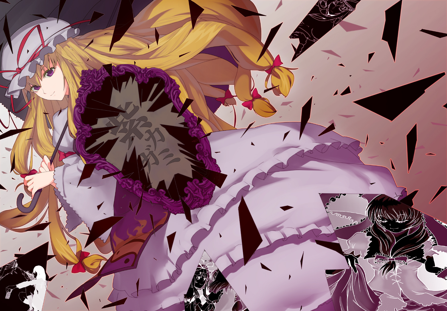 match (idleslumber), kagiyama hina, yakumo yukari, touhou, bad id, bad pixiv id, 2girls, female focus, gradient background, hat, mirror, multiple girls, partially colored