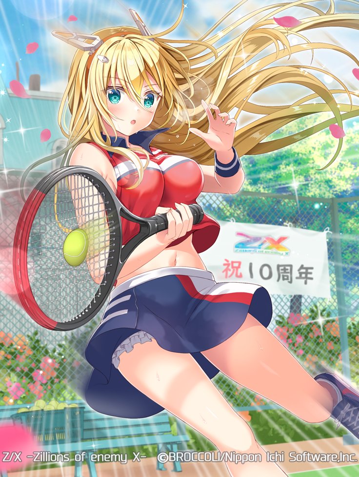 serino itsuki, rigel (z/x), z/x, official art, 1girl, :o, aqua eyes, ball, bench, blonde hair, blue shoes, blue skirt, breasts, chain-link fence, copyright logo, copyright notice, fence, floating hair, hair between eyes, hair ornament, holding, holding tennis racket, large breasts, logo, long hair, midriff, navel, outdoors, pink petals, racket, red shirt, shirt, shoes, skirt, sleeveless, sleeveless shirt, solo, sparkle, sportswear, tennis ball, tennis court, tennis racket, tennis skirt, tennis uniform, wristband