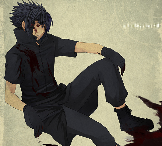 meru, noctis lucis caelum, final fantasy, final fantasy xv, square enix, 10s, 1boy, black hair, blood, gloves, male focus, sitting, solo