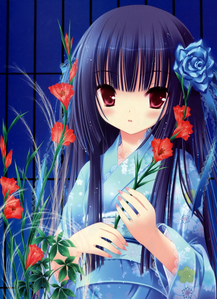 tinker bell (pixiv 10956015), 1girl, black hair, blush, female focus, flower, hair flower, hair ornament, hime cut, japanese clothes, kimono, long hair, nail polish, red eyes, solo