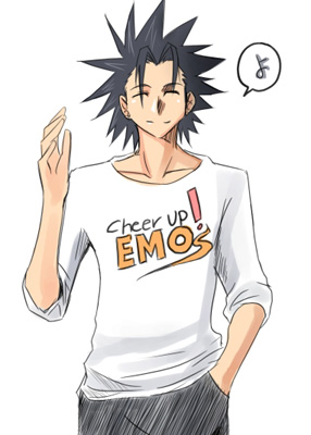 meru, zack fair, crisis core final fantasy vii, final fantasy, final fantasy vii, lowres, 1990s (style), 1boy, black hair, cheer up emo kid, closed eyes, english text, male focus, meme, retro artstyle, simple background, smile, solo, white background