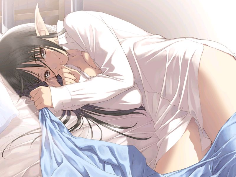 tony taka, xecty ein, sega, shining (series), shining wind, jpeg artifacts, bed, black hair, blush, brown eyes, dress shirt, elf, long hair, pointy ears, shirt, smile, solo