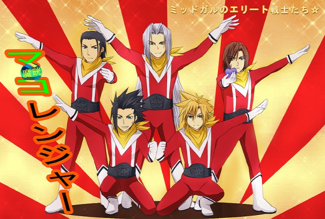 meru, angeal hewley, cloud strife, genesis rhapsodos, sephiroth, zack fair, crisis core final fantasy vii, final fantasy, final fantasy vii, tokusatsu, silver hair, translation request, 1990s (style), 5boys, apple, ascot, banora white, belt, black hair, blonde hair, blue eyes, boots, brown hair, food, fruit, gloves, green eyes, male focus, multiple boys, retro artstyle, smile, soldier